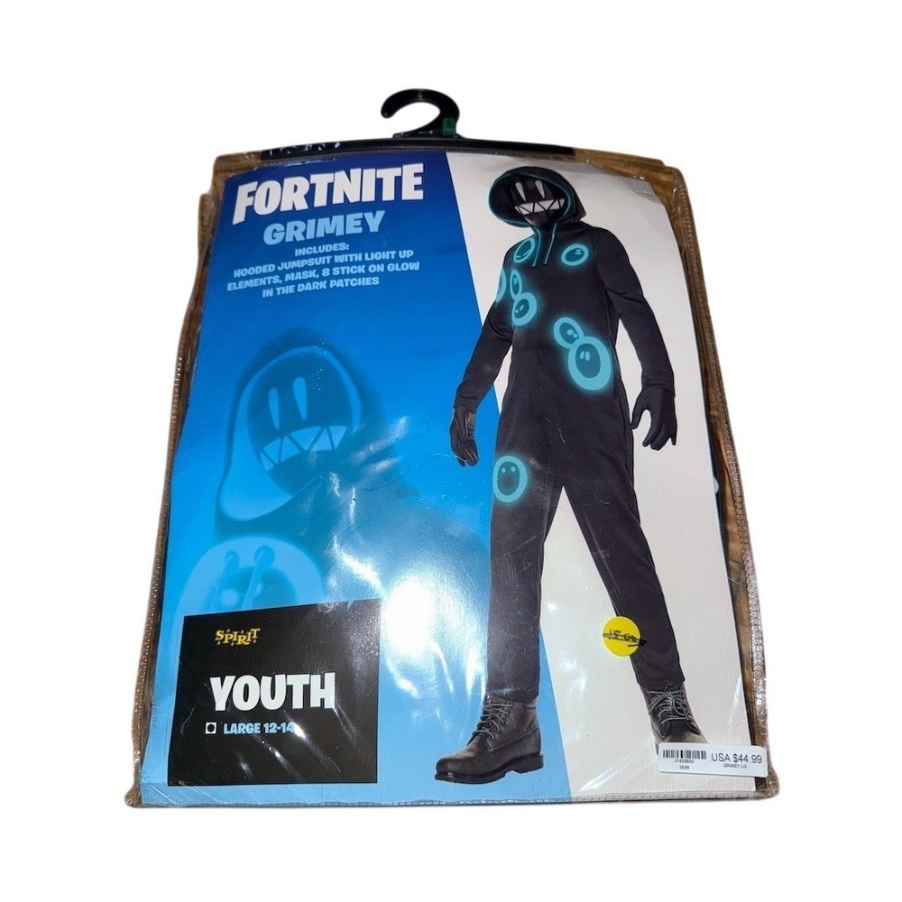 Spirit Halloween Fortnite Youth Grimey Costume Large Cosplay hooded glow in dark